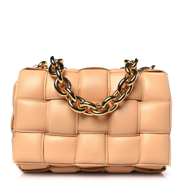 fake designer bags Bottega Veneta Lambskin Maxi Intreccio Small Padded Chain Cassette Crossbody Bag in Almond with Gold Hardware front