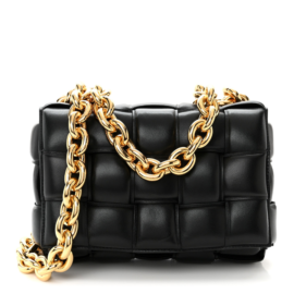 fake designer bags Bottega Veneta Lambskin Maxi Intreccio Small Padded Chain Cassette Crossbody Bag in Black with Gold Hardware front