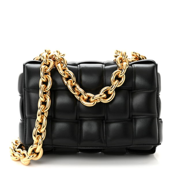 fake designer bags Bottega Veneta Lambskin Maxi Intreccio Small Padded Chain Cassette Crossbody Bag in Black with Gold Hardware front