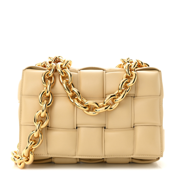 fake designer bags Bottega Veneta Lambskin Maxi Intreccio Small Padded Chain Cassette Crossbody Bag in Porridge with Gold Hardware front