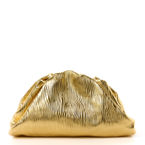 fake designer bags Bottega Veneta Metallic Bark Calfskin Embossed The Pouch Oversized Clutch in Oro with Gold Hardware front