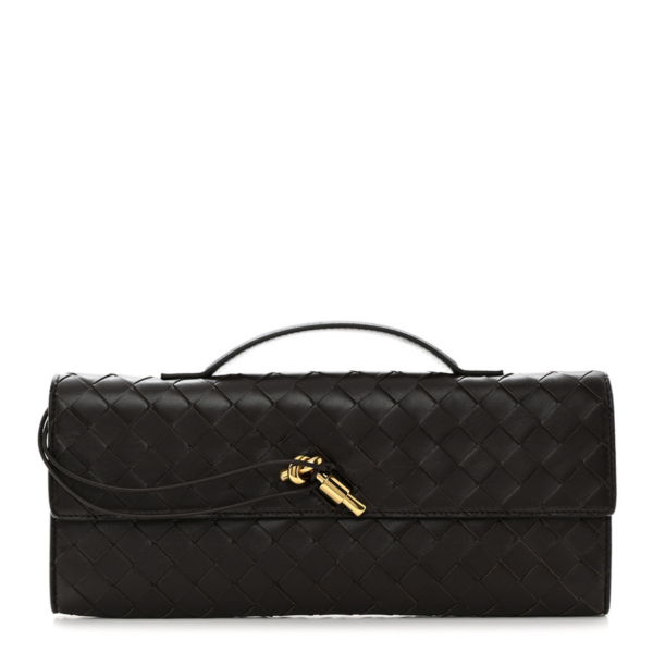 fake designer bags Bottega Veneta Nappa Intrecciato Long Andiamo Top Handle Clutch in Fondant with Gold Hardware front