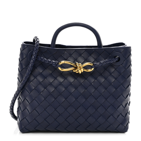 fake designer bags Bottega Veneta Nappa Intrecciato Small Andiamo Shoulder Bag in Duke with Aged Gold Hardware front