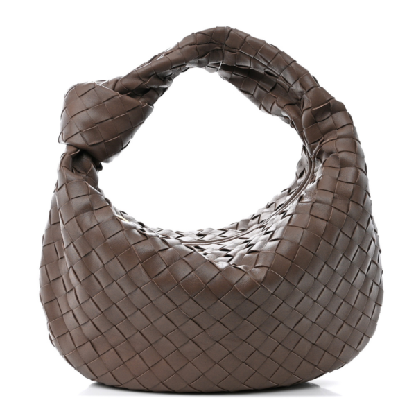 fake designer bags Bottega Veneta Nappa Intrecciato Teen Jodie Hobo in Dark Taupe with Gold Hardware front