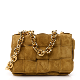 Bottega Veneta Suede Maxi Intrecciato Small Padded Chain Cassette Crossbody Bag in Taupe with Gold Hardware frontBottega Veneta Suede Maxi Intrecciato Small Padded Chain Cassette Crossbody Bag in Taupe with Gold Hardware front