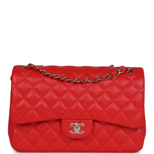 fake designer bags Chanel Jumbo Lambskin Classic Double Flap Bag in Red with Light Gold Hardware front_1