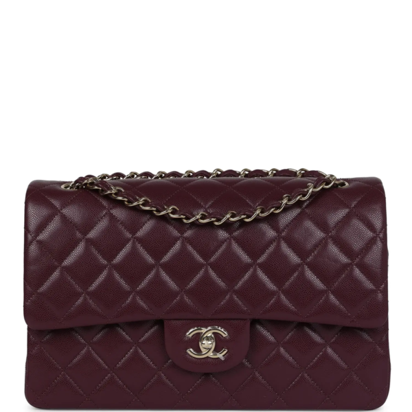 fake designer bags Chanel Jumbo Shiny Caviar Classic Double Flap Bag in Dark Burgundy with Gold Hardware front_1