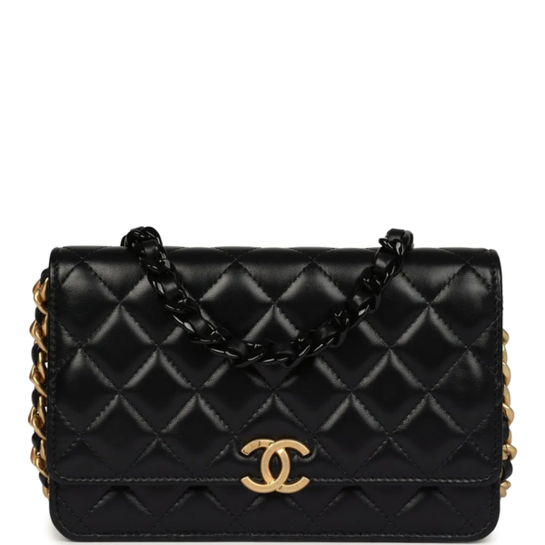 fake designer bags Chanel Lambskin Wallet On Chain WOC in Black with Brushed Gold Hardware front_1