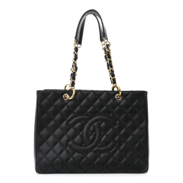 fake designer bags Chanel Large Quilted Caviar Grand Shopping Tote GST in Black with Silver Hardware front_1