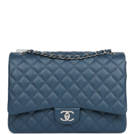 fake designer bags Chanel Maxi Caviar Classic Double Flap Bag in Dark Blue with Silver Hardware front_1