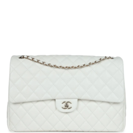 fake designer bags Chanel Maxi Shiny Caviar Flap Bag in White with Light Gold Hardware front_1