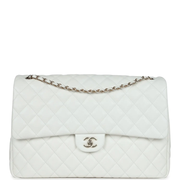 fake designer bags Chanel Maxi Shiny Caviar Flap Bag in White with Light Gold Hardware front_1