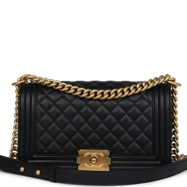 fake designer bags Chanel Medium Calfskin Boy Bag in Black with Antique Gold Hardware front