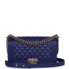 fake designer bags Chanel Medium Caviar Boy Bag in Blue with Light Gold Hardware front_1