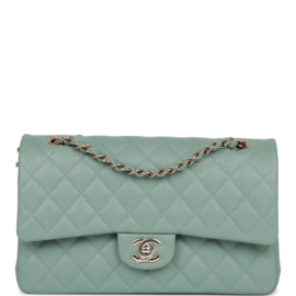 fake designer bags Chanel Medium Caviar Classic Double Flap Bag in Green with Light Gold Hardware front_1