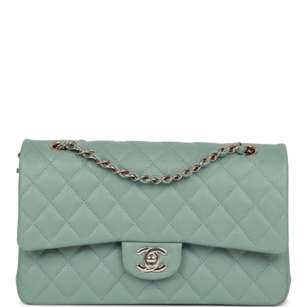 fake designer bags Chanel Medium Caviar Classic Double Flap Bag in Green with Light Gold Hardware front_1