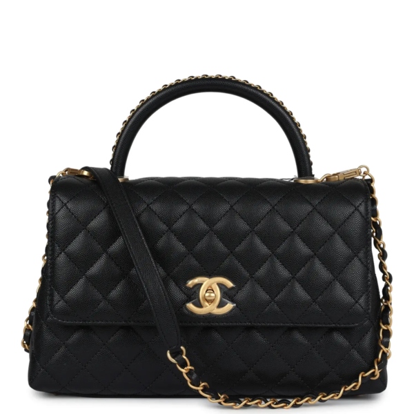 fake designer bags Chanel Medium Chevron Caviar Coco Top Handle in Black with Brushed Gold Hardware front