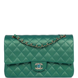 fake designer bags Chanel Medium Iridescent Lambskin Classic Double Flap Bag in Green with Light Gold Hardware front_1