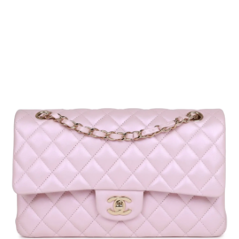 fake designer bags Chanel Medium Iridescent Lambskin Classic Double Flap Bag in Pink with Light Gold Hardware front_1