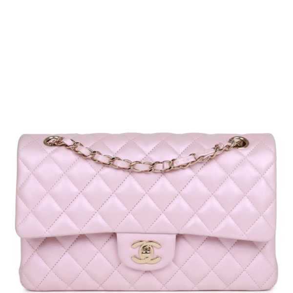 fake designer bags Chanel Medium Iridescent Lambskin Classic Double Flap Bag in Pink with Light Gold Hardware front_1