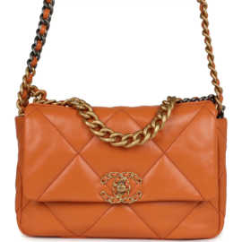 fake designer bags Chanel Medium Lambskin 19 Flap in Orange with Mixed Metal Hardware front_1