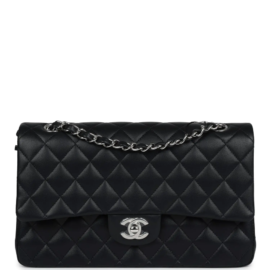 fake designer bags Chanel Medium Lambskin Classic Double Flap in Black with Silver Hardware front