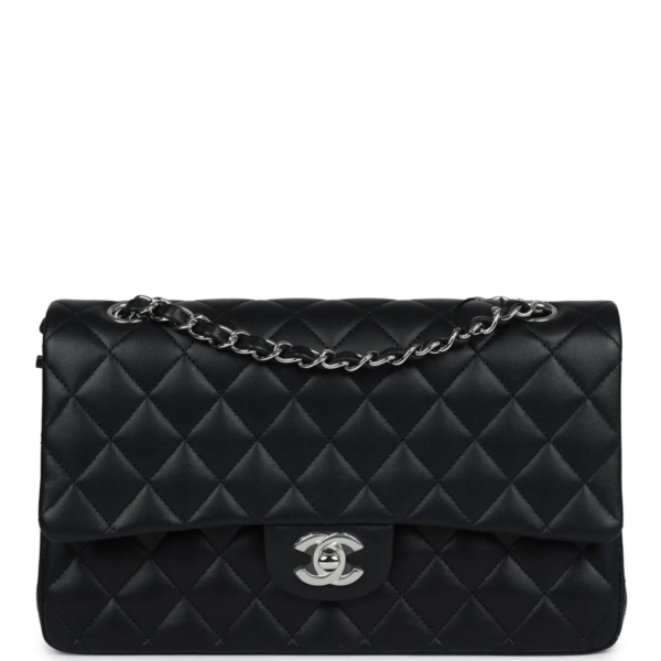 fake designer bags Chanel Medium Lambskin Classic Double Flap in Black with Silver Hardware front