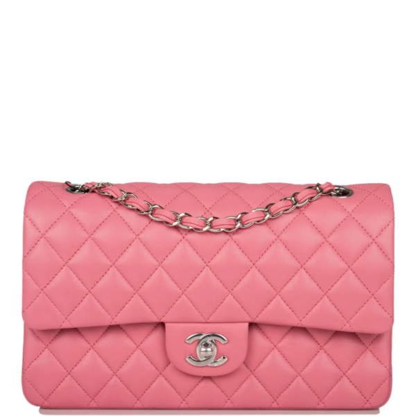 fake designer bags Chanel Medium Lambskin Classic Double Flap in Rose Pink with Silver Hardware front_1