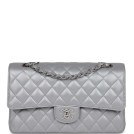 fake designer bags Chanel Medium Metallic Lambskin Classic Double Flap Bag in Silver with Silver Hardware front_1