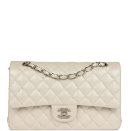 fake designer bags Chanel Medium Pearlescent Caviar Classic Double Flap in Ivory with Brushed Silver Hardware front_1