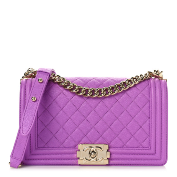 fake designer bags Chanel Medium Quilted Caviar Boy Flap in Purple with Shiny Gold Hardware front_1