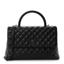 fake designer bags Chanel Medium Quilted Caviar Coco Handle Flap in Black with So Black Hardware front_1