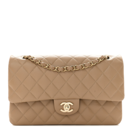 fake designer bags Chanel Medium Quilted Caviar Double Flap in Dark Beige with Silver Hardware front_1