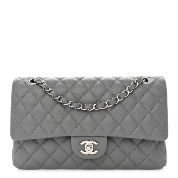 fake designer bags Chanel Medium Quilted Caviar Double Flap in Grey with Silver Hardware front_1