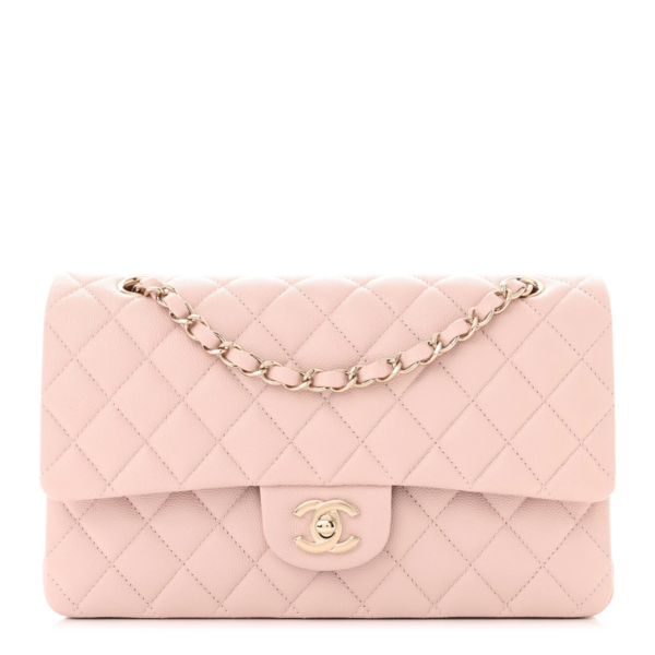 fake designer bags Chanel Medium Quilted Caviar Double Flap in Light Pink with Gold Hardware front_1