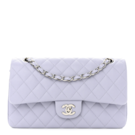 fake designer bags Chanael Medium Quilted Caviar Double Flap in Light Purple with Silver Hardware front_1