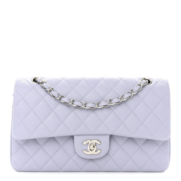 fake designer bags Chanael Medium Quilted Caviar Double Flap in Light Purple with Silver Hardware front_1