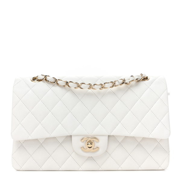 fake designer bags Chanel Medium Quilted Caviar Double Flap in White with Silver Hardware front_1