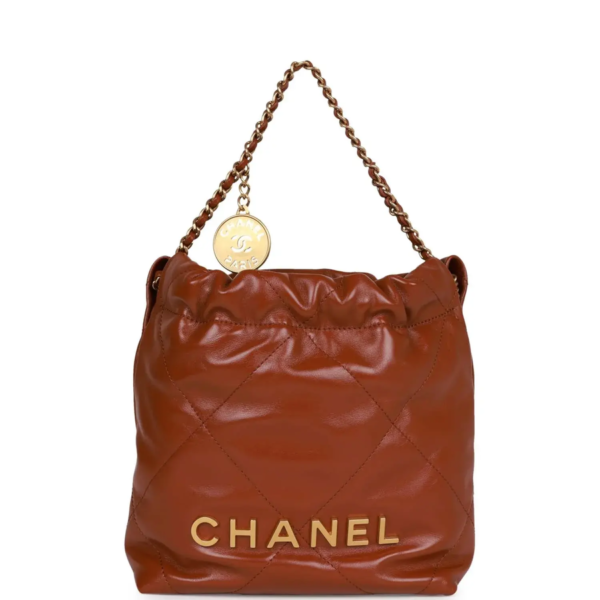 fake designer bags Chanel Mini Calfskin 22 Bag in Brown with Gold Hardware front_1