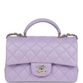 fake designer bags Chanel Mini Lambskin Rectangular Flap Bag with Top Handle in Lilac with Light Gold Hardware front_1