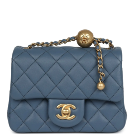 fake designer bags Chanel Mini Lambskin Square Pearl Crush Flap in Blue with Antique Gold Hardware front_1