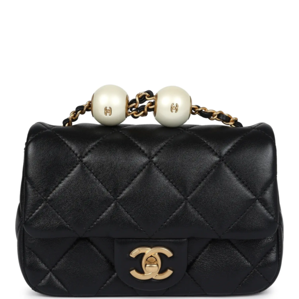 fake designer bags Chanel Mini Lambskin Square Pearl Flap Bag in Black with Brushed Gold Hardware front