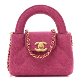 fake designer bags Chanel Mini Quilted Denim Nano Kelly Shopper in Fuchsia with Gold Hardware front_1