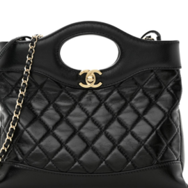 fake designer bags Chanel Mini Shiny Crumpled Quilted Calfskin 31 Shopping Bag in Black with Gold Hardware detail_1