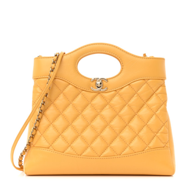 fake designer bags Chanel Mini Shiny Crumpled Quilted Calfskin 31 Shopping Bag in Yellow with Silver Hardware front_1