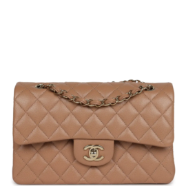 fake designer bags Chanel Small Caviar Classic Double Flap in Dark Beige with Light Gold Hardware front_1