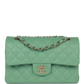 fake designer bags Chanel Small Caviar Classic Double Flap in Green with Light Gold Hardware front_1