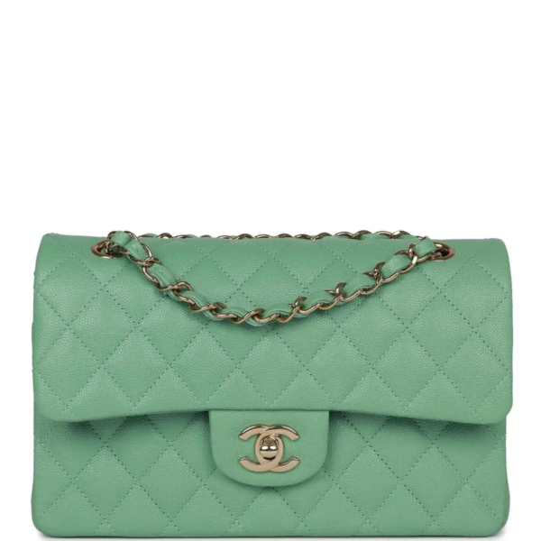 fake designer bags Chanel Small Caviar Classic Double Flap in Green with Light Gold Hardware front_1