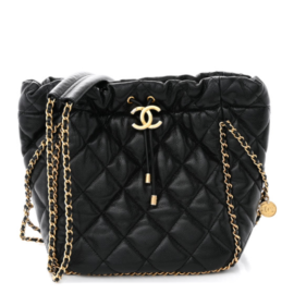 fake designer bags Chanel Small Chain Around Multi Chain Quilted Caviar Bucket Drawstring Bag in Black with Silver Hardware front_1