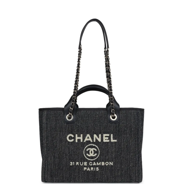 fake designer bags Chanel Small Denim Deauville Shopping Tote in Dark Blue with Light Gold Hardware front_1